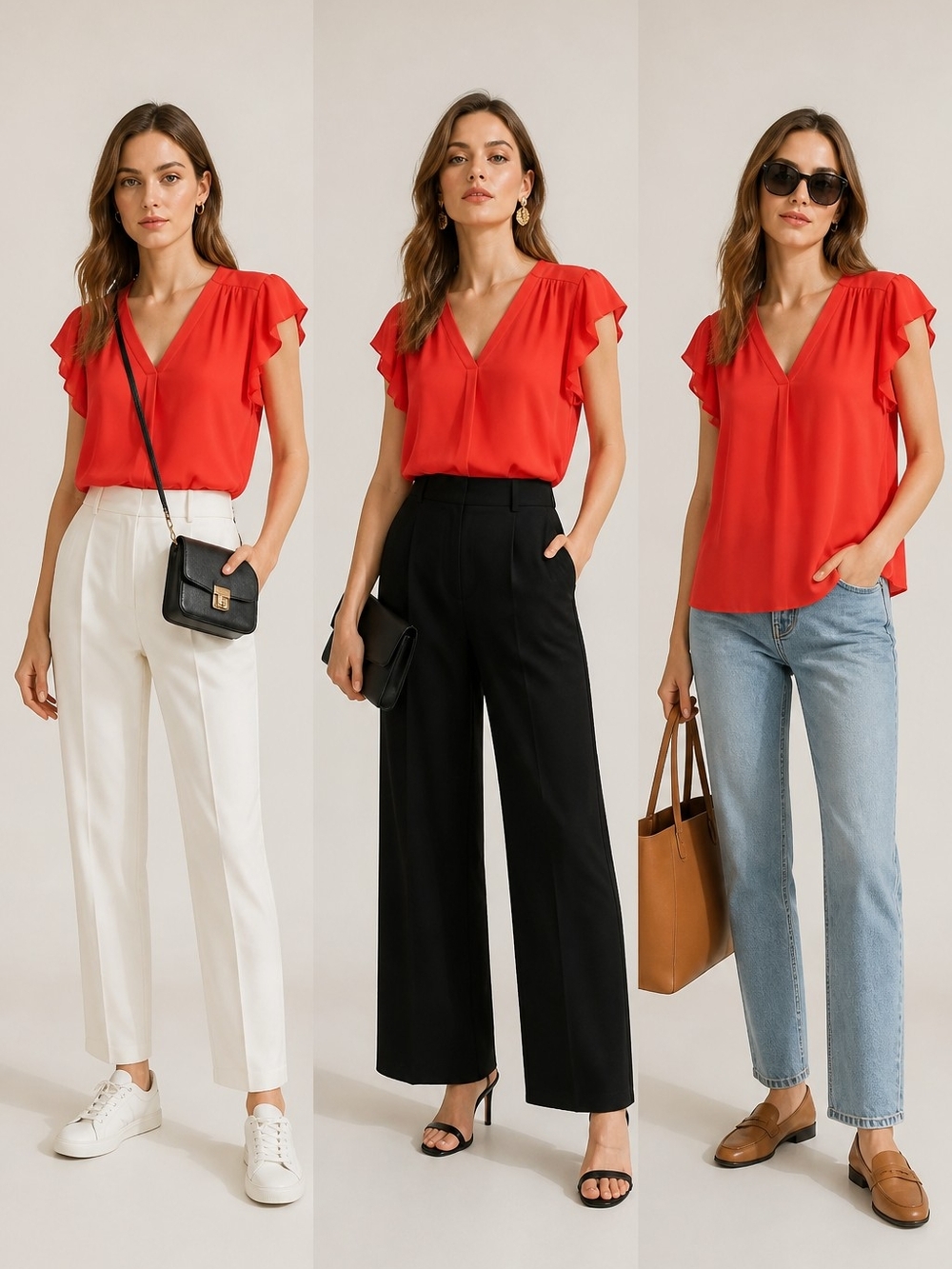Cynthia Steffe Red V-Neck Flutter Sleeve Blouse